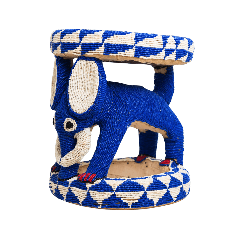 Royal Beaded Bamileke Stool Elephant Blue White
