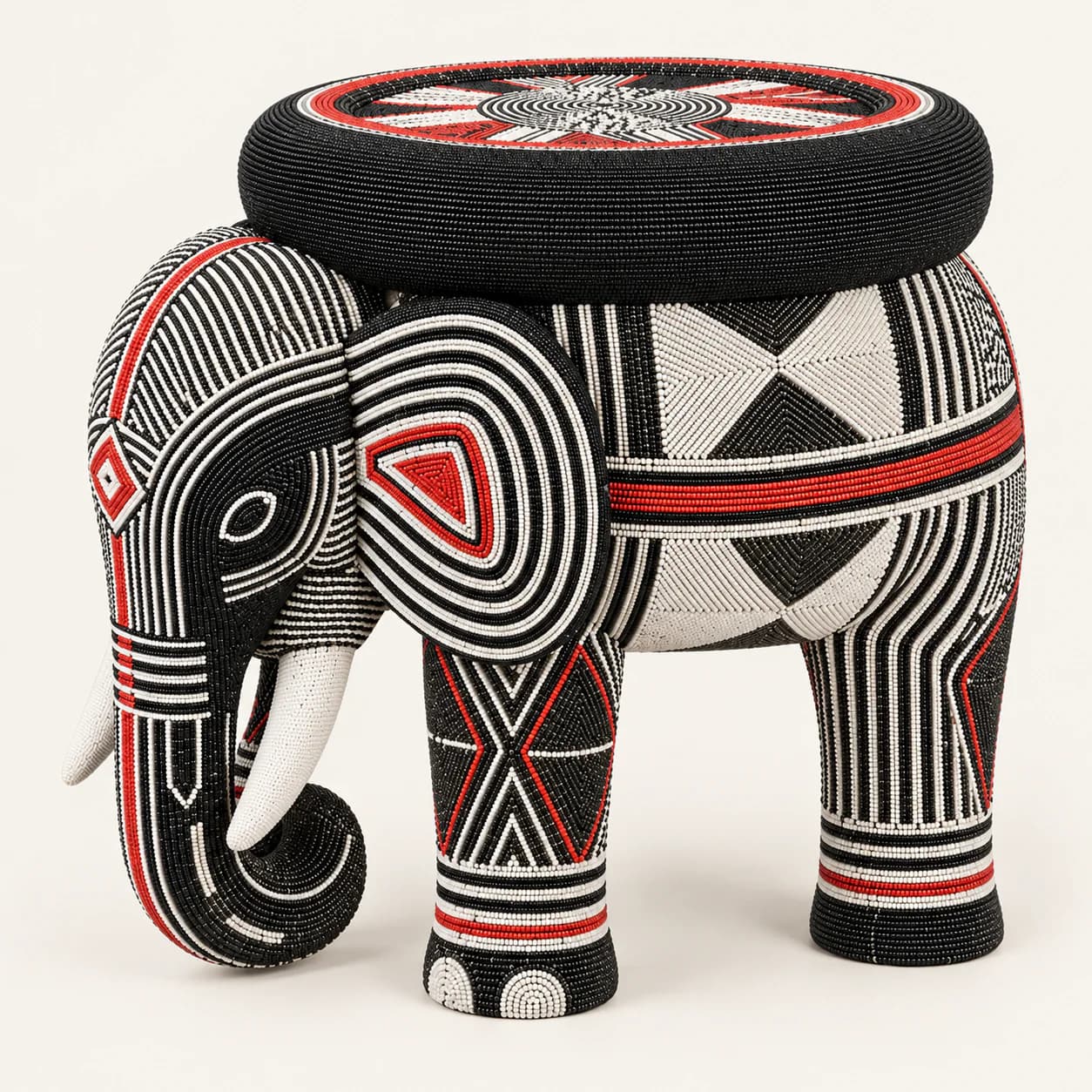 Bamileke beaded elephant stool handcrafted Cameroon with black ivory and red glass beads