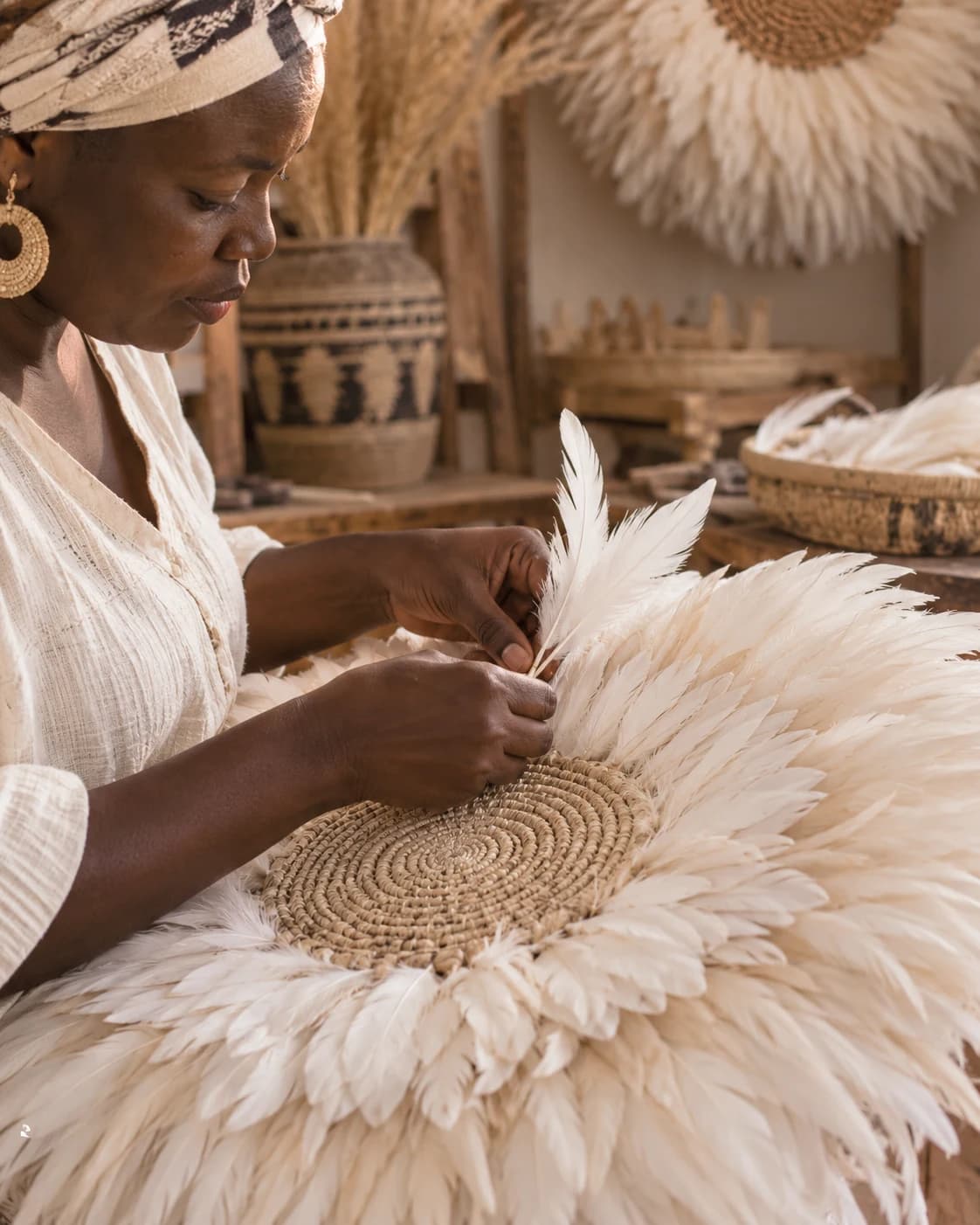 Artisan hands crafting a traditional Cameroonian Juju Hat.