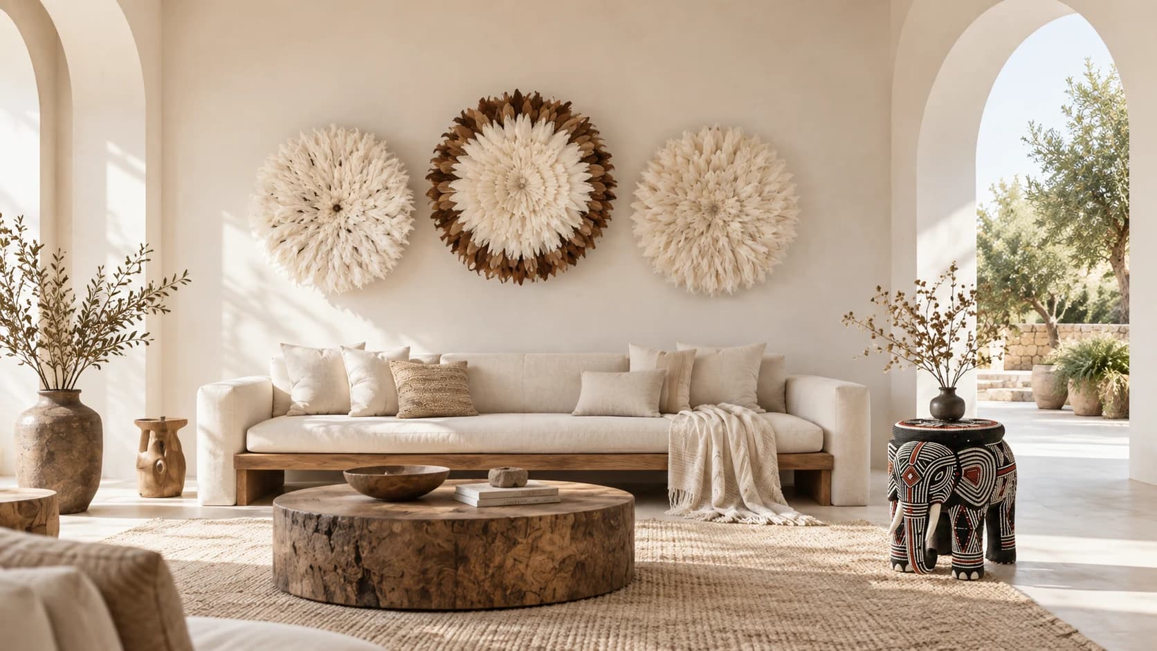 Contemporary interior decorated with handcrafted Cameroonian Juju hats and African objects.