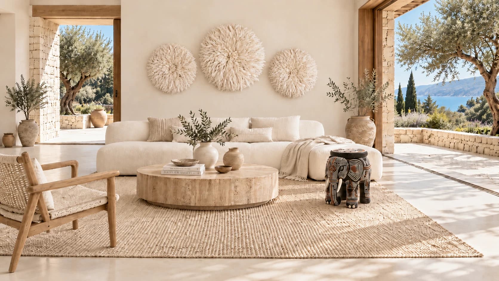 Intérieur contemporain décoré de Juju hats et d'objets africains artisanaux du Cameroun.