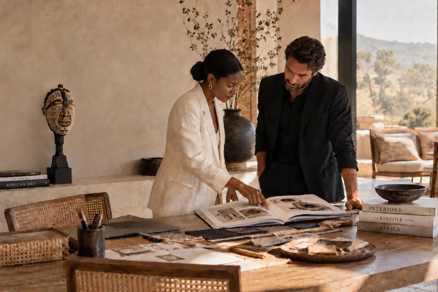 Interior designers reviewing handcrafted African pieces in a contemporary interior.