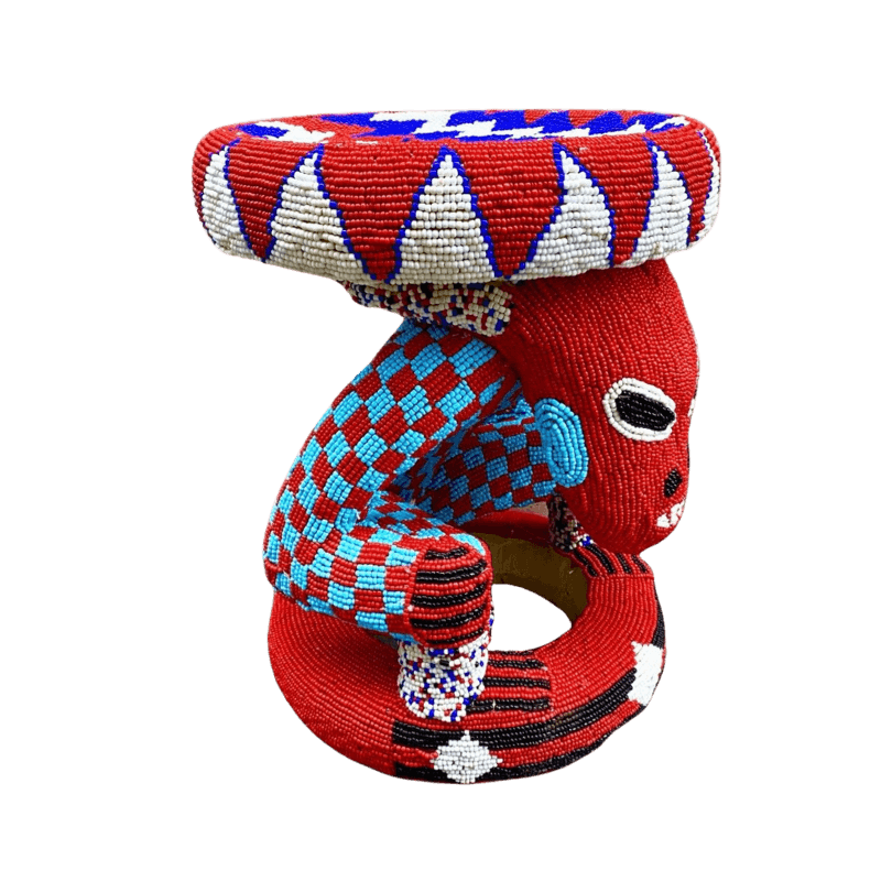 Royal Beaded Bamileke Stool Blue White Red