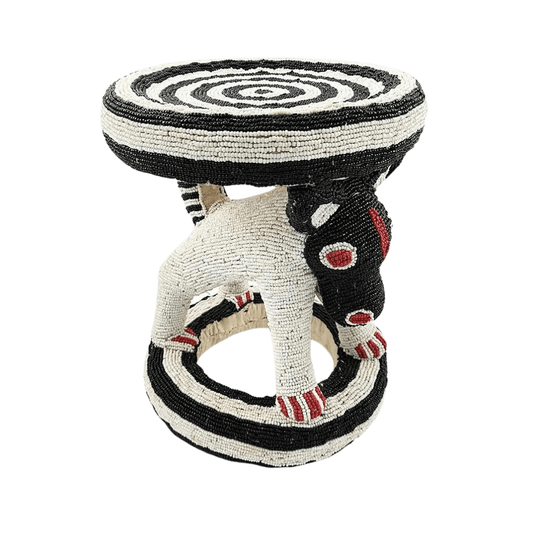 Royal Beaded Bamileke Stool Feline Black White