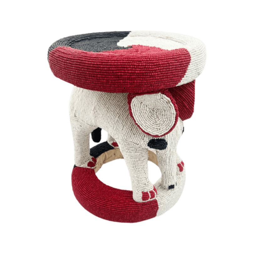 Royal Beaded Bamileke Elephant Stool Black White Red