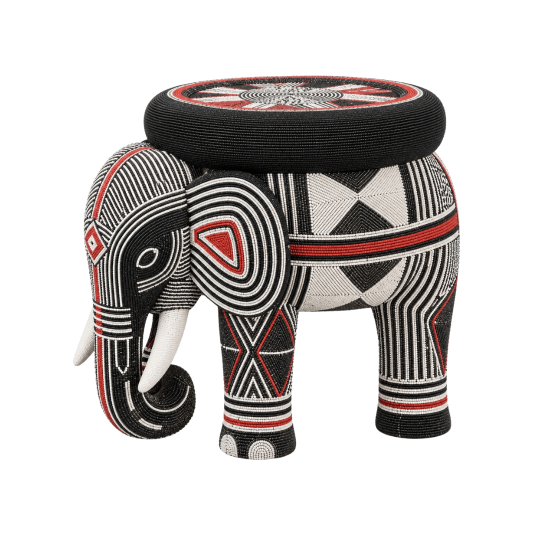 Bamileke beaded elephant stool handcrafted Cameroon with black ivory and red glass beads